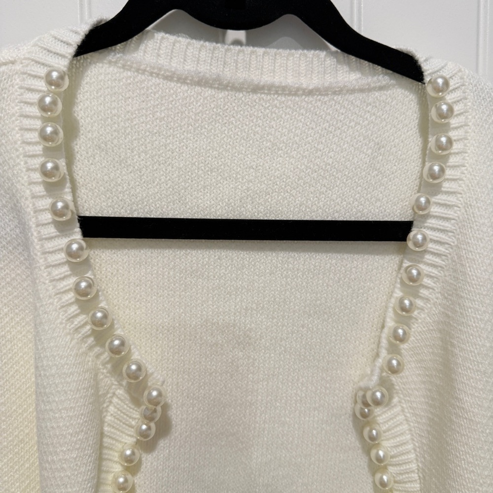 White Open-Front Cardigan with Pearls and distressing - Picture 3 of 11
